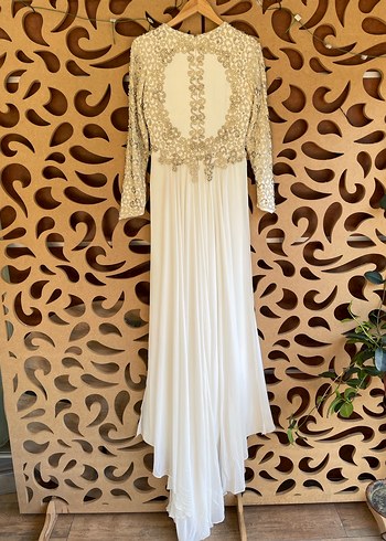 Drapeli Uzun Kollu Beyaz Vintage Abiye Nişanlık Gelinlik - Görsel 3