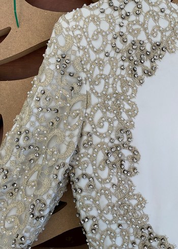 Drapeli Uzun Kollu Beyaz Vintage Abiye Nişanlık Gelinlik - Görsel 4