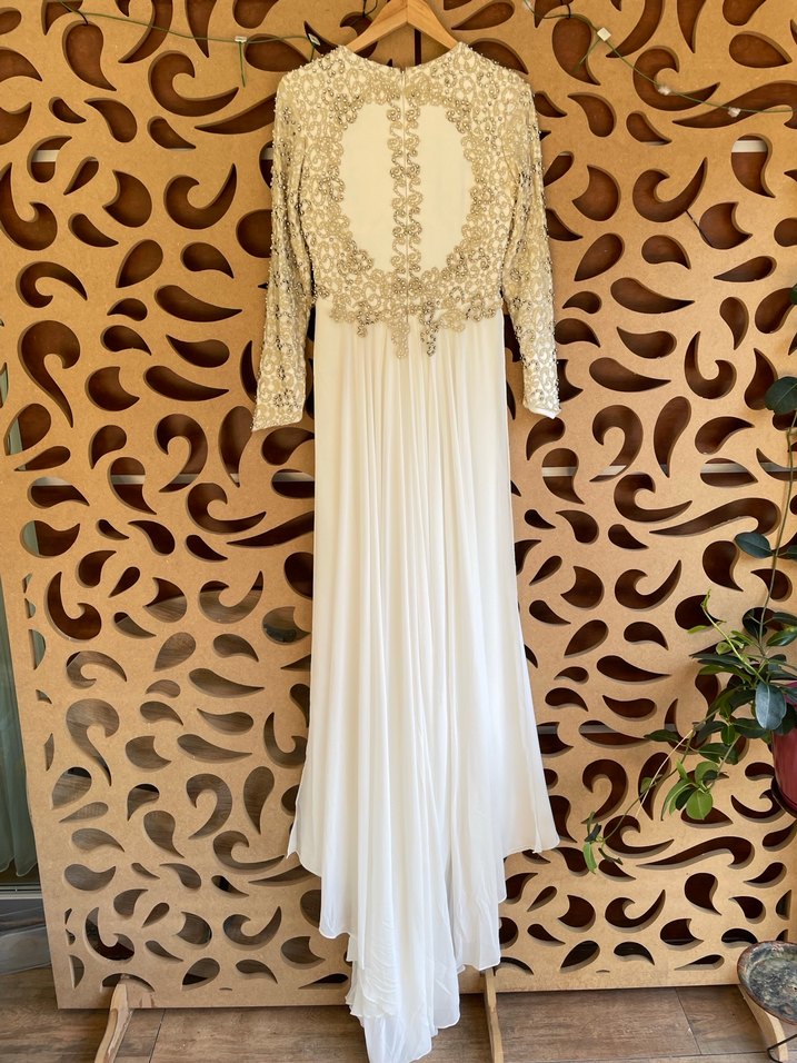 Drapeli Uzun Kollu Beyaz Vintage Abiye Nişanlık Gelinlik - Görsel 3