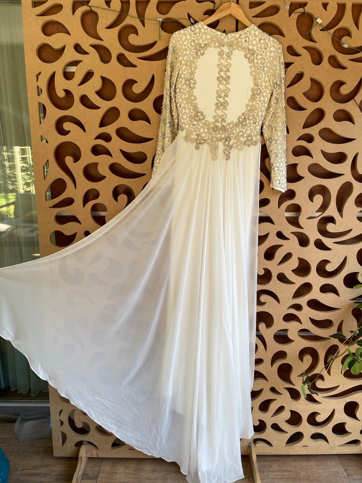 Drapeli Uzun Kollu Beyaz Vintage Abiye Nişanlık Gelinlik - Görsel 5