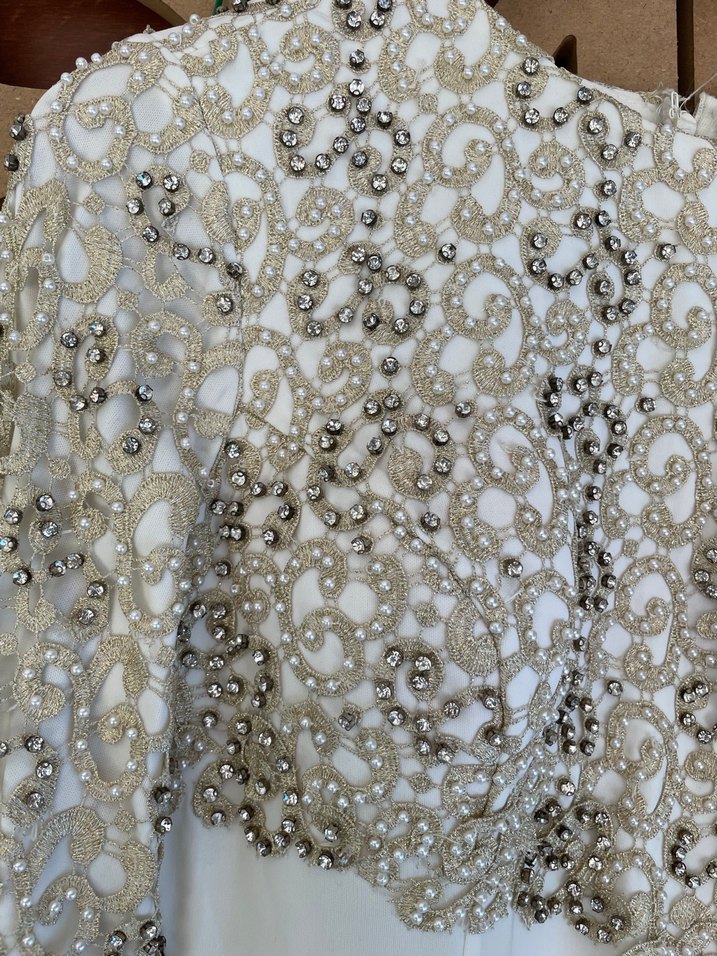 Drapeli Uzun Kollu Beyaz Vintage Abiye Nişanlık Gelinlik - Görsel 2