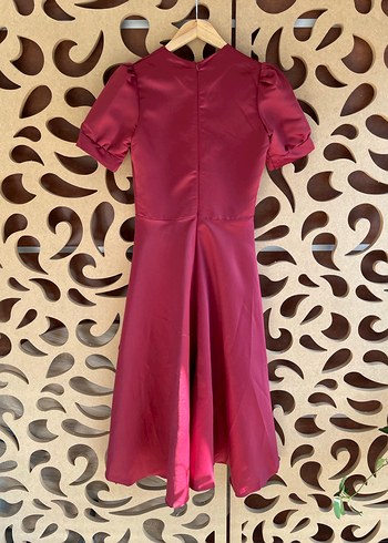 Bordo Kısa Kollu Saten Elbise - Görsel 2