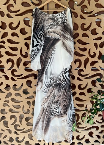 Gri Zebra Desenli Uzun Salaş Elbise - Görsel 3