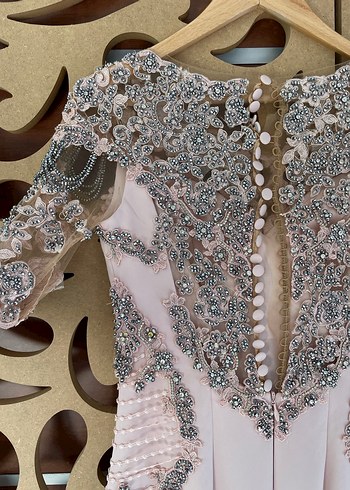 Nakışlı Bej V Yaka Uzun Abiye Elbise - Görsel 4