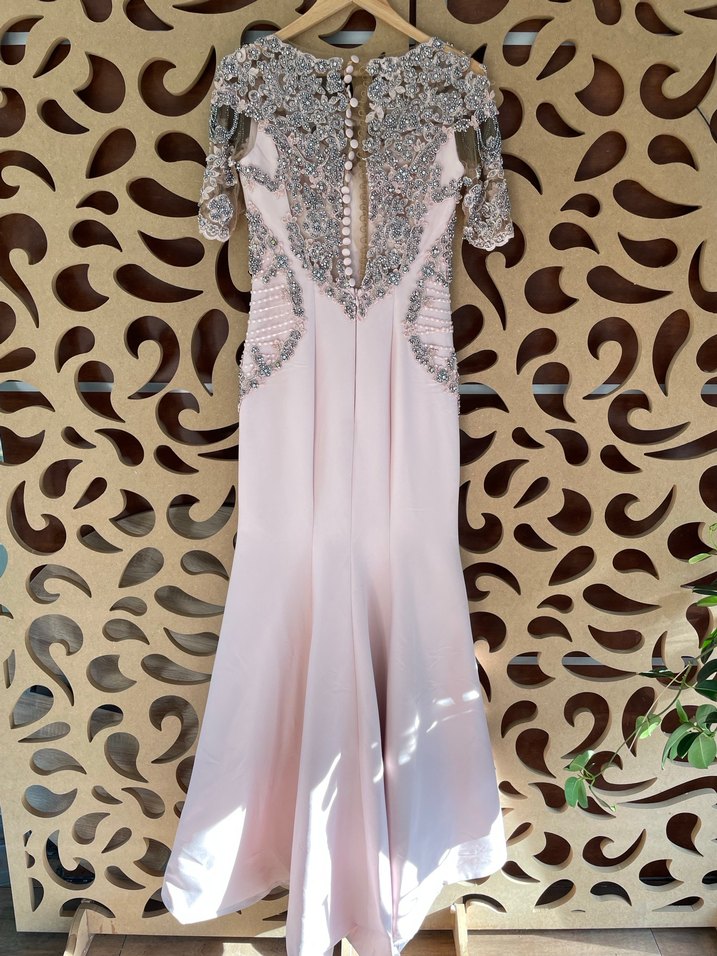 Nakışlı Bej V Yaka Uzun Abiye Elbise - Görsel 3