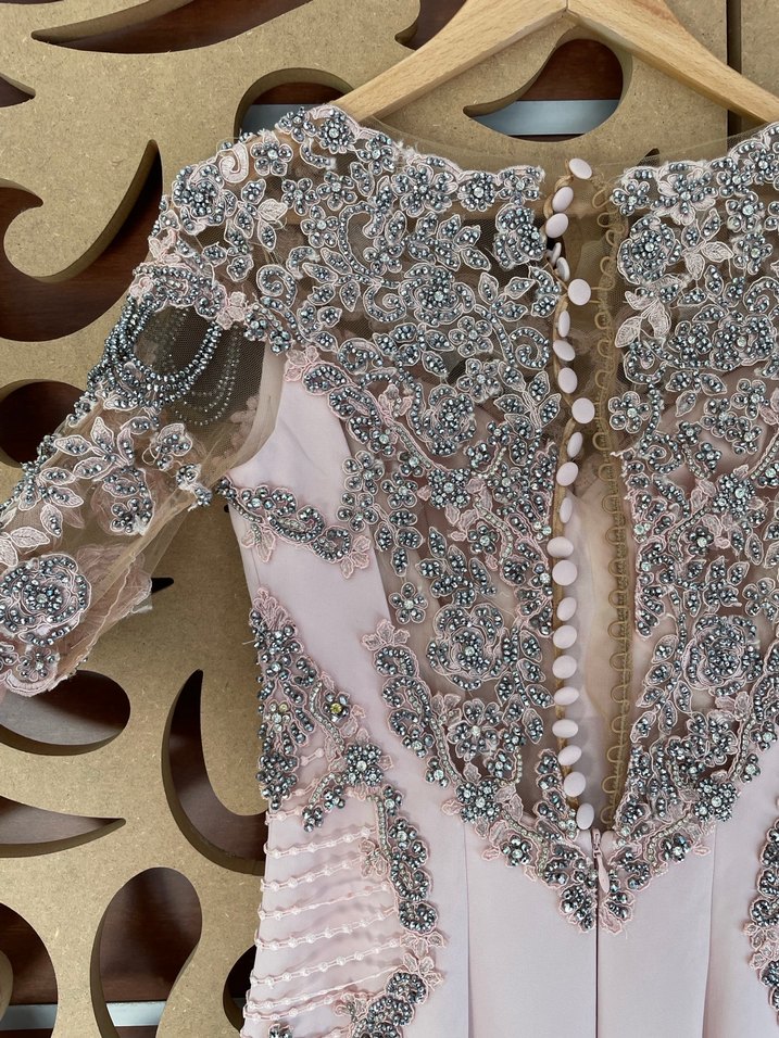 Nakışlı Bej V Yaka Uzun Abiye Elbise - Görsel 4