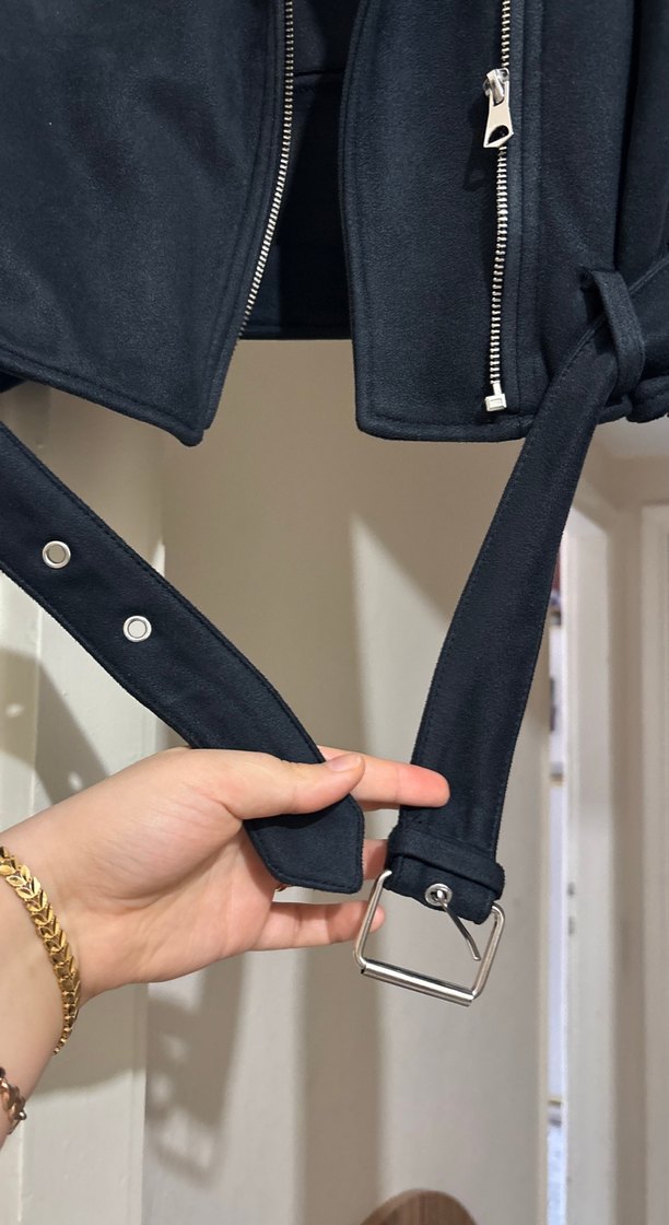 Siyah Süet Kemerli Kadın Deri Ceket - Görsel 2