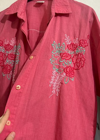 Pembe Nakışlı Uzun Kollu Keten Gömlek - Görsel 2