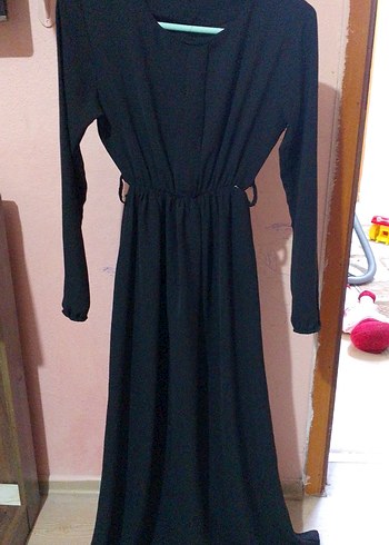 Siyah Uzun V Yaka Salaş Elbise - Görsel 2