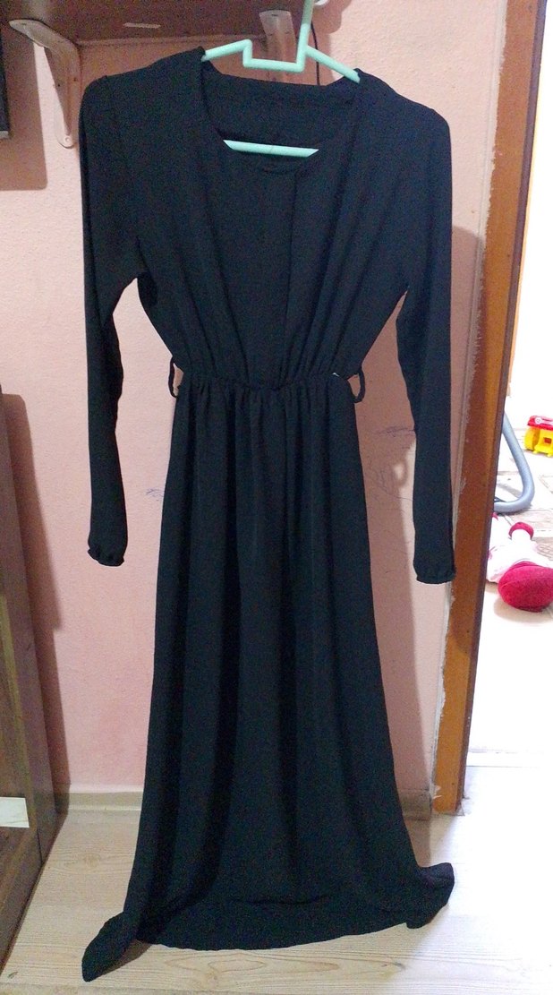 Siyah Uzun V Yaka Salaş Elbise - Görsel 2