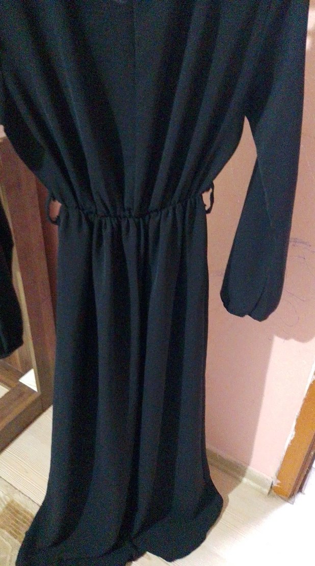 Siyah Uzun V Yaka Salaş Elbise - Görsel 5