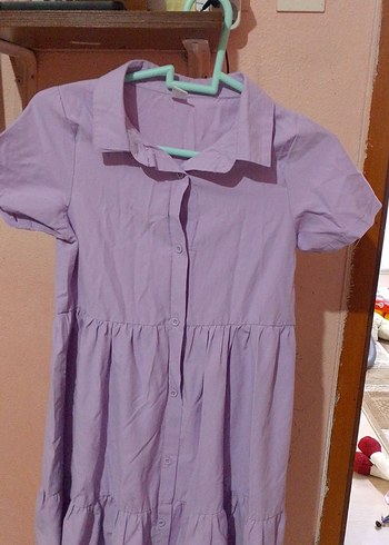 Lila Kısa Kollu Düğmeli Midi Elbise - Görsel 2