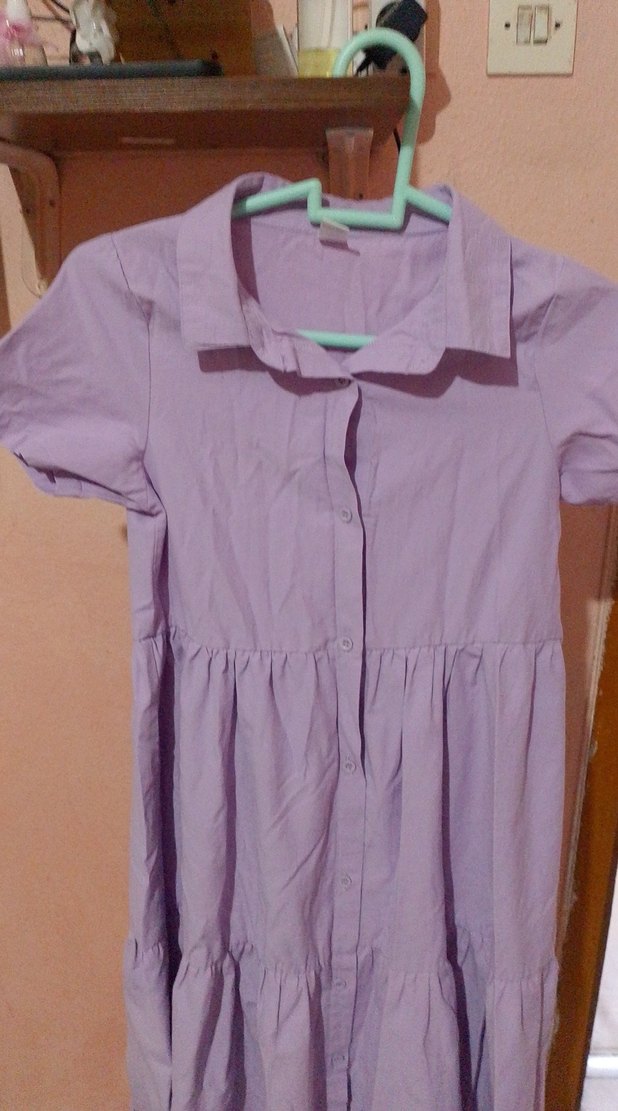 Lila Kısa Kollu Düğmeli Midi Elbise - Görsel 3