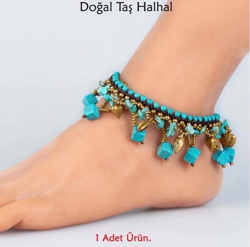 Bohem Turkuaz Boncuklu Doğal Taş Halhal - Görsel 4