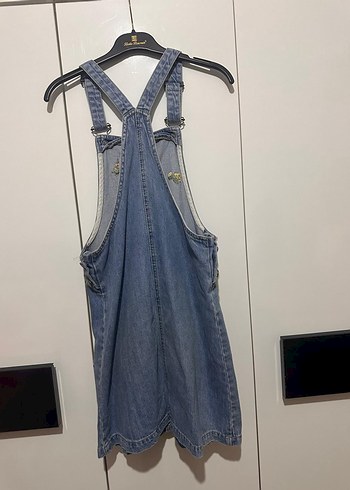 Nakışlı Mavi Denim Kadın Salopet Midi Boy - Görsel 2