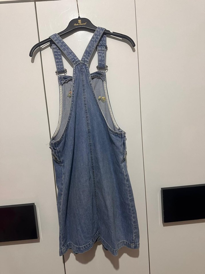 Nakışlı Mavi Denim Kadın Salopet Midi Boy - Görsel 2