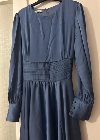 Uzun Lacivert Tesettür Abiye Elbise - Görsel 3