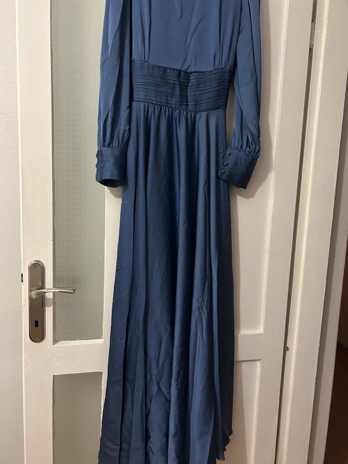 Uzun Lacivert Tesettür Abiye Elbise - Görsel 2