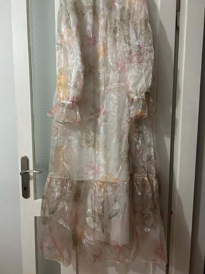 Uzun Kol, Yüksek Yakalı Bohem Beyaz Elbise - Görsel 2