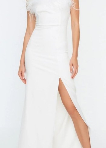 Tüylü Straplez Uzun Abiye - Görsel 2