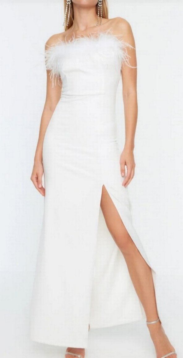 Tüylü Straplez Uzun Abiye - Görsel 2