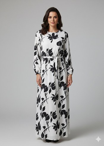 Uzun Kollu V Yaka Baskılı Uzun Elbise - Görsel 2