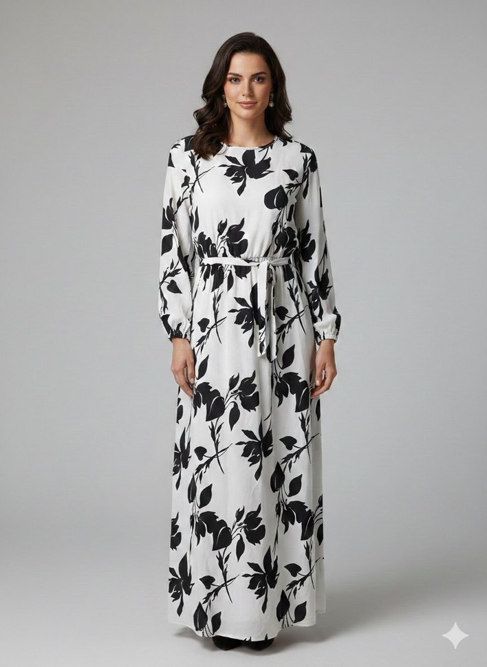 Uzun Kollu V Yaka Baskılı Uzun Elbise - Görsel 3