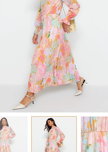 Trendyol Milla Pembe çok renkli Piliseli Uzun çiçekli Elbise - Görsel 3