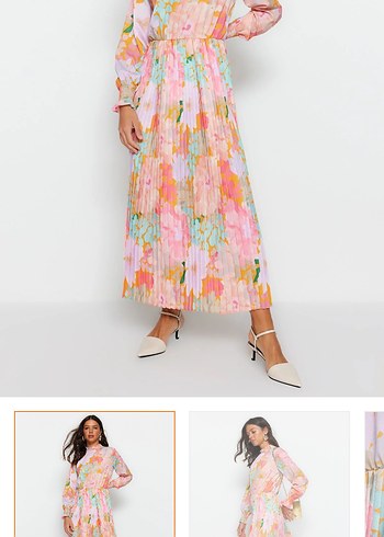 Trendyol Milla Pembe çok renkli Piliseli Uzun çiçekli Elbise - Görsel 2