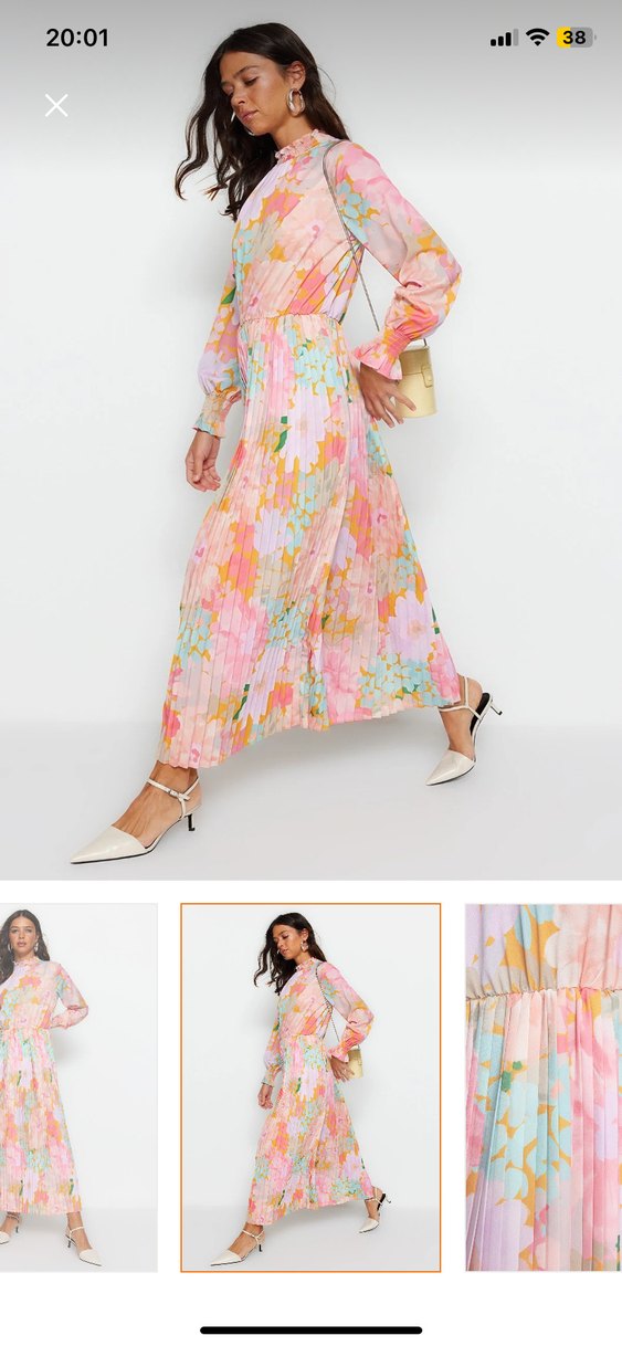 Trendyol Milla Pembe çok renkli Piliseli Uzun çiçekli Elbise - Görsel 3