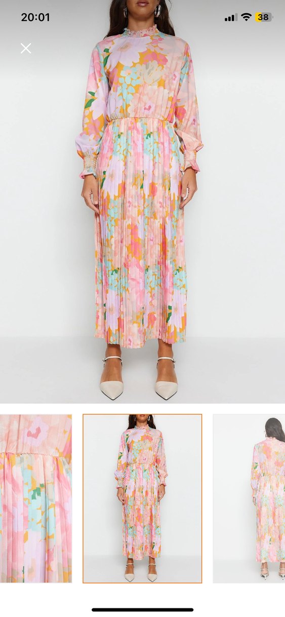 Trendyol Milla Pembe çok renkli Piliseli Uzun çiçekli Elbise - Görsel 4