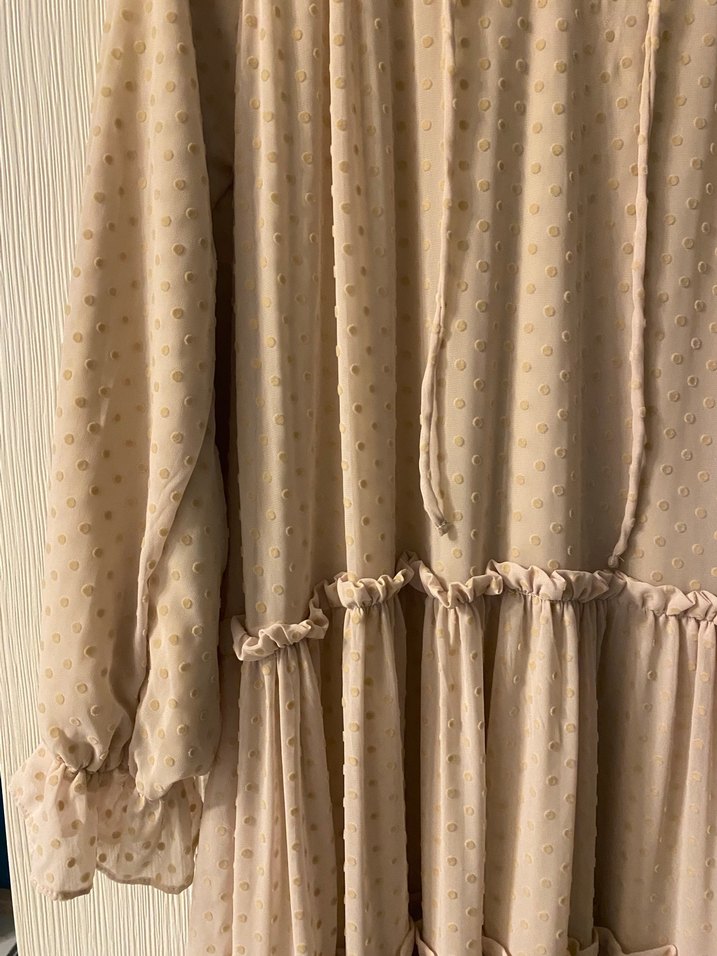 Manuka Bej Uzun Kollu Fırfırlı Bohem Uzun Elbise - Görsel 3