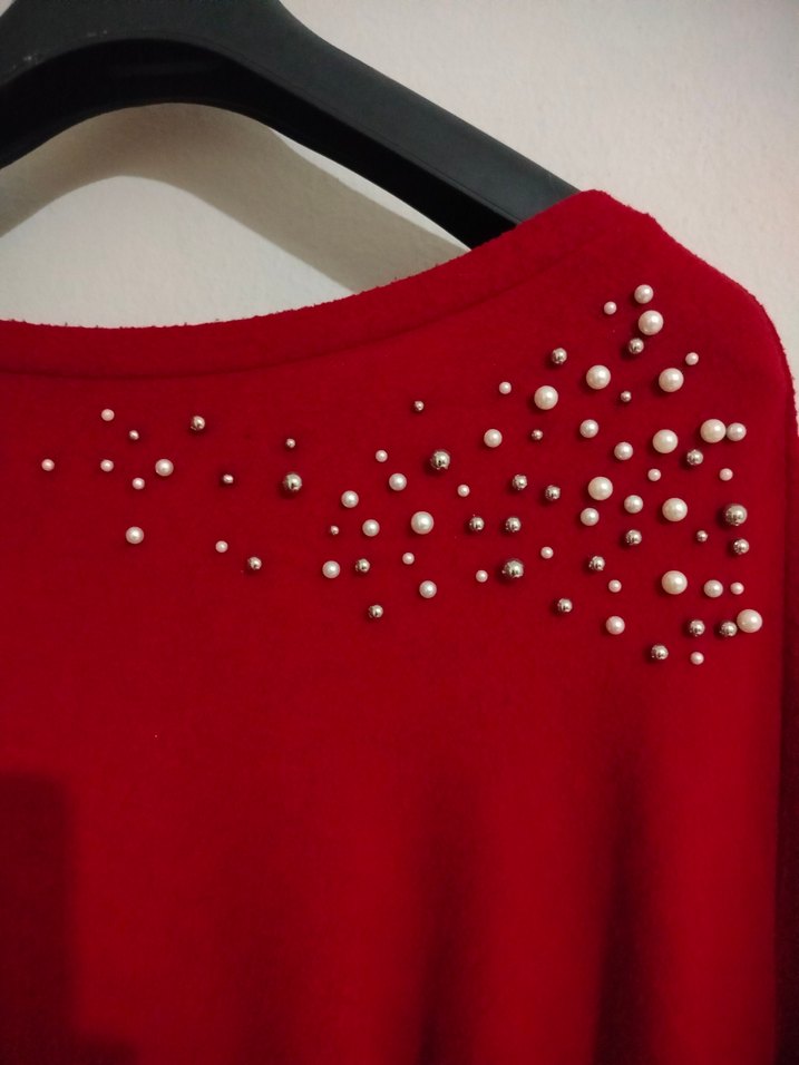 Kırmızı Nakışlı Kadın Triko Kazak - Görsel 2