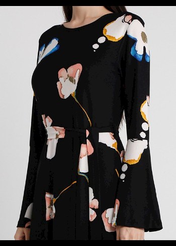 Siyah Çiçek Desenli Uzun Kollu Elbise - Görsel 2