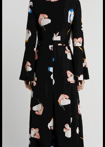 Siyah Çiçek Desenli Uzun Kollu Elbise - Görsel 4