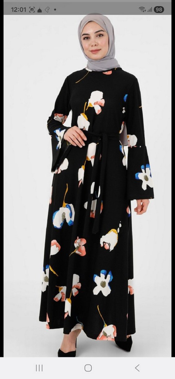 Siyah Çiçek Desenli Uzun Kollu Elbise - Görsel 3