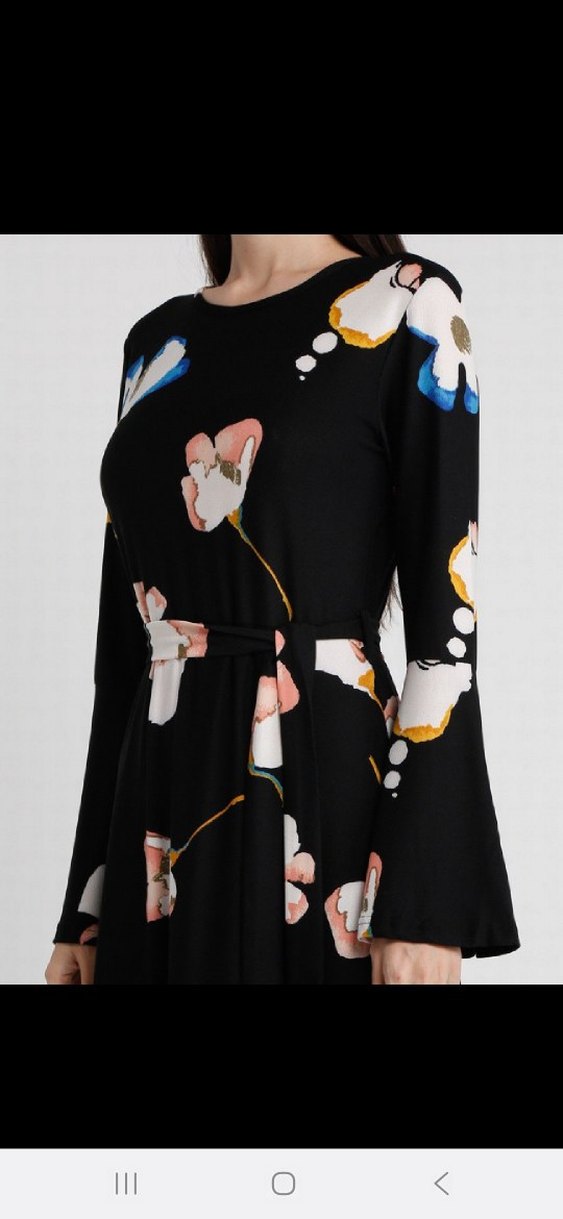 Siyah Çiçek Desenli Uzun Kollu Elbise - Görsel 2