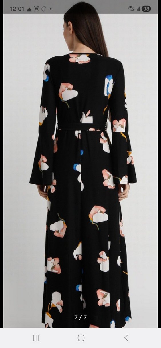Siyah Çiçek Desenli Uzun Kollu Elbise - Görsel 4