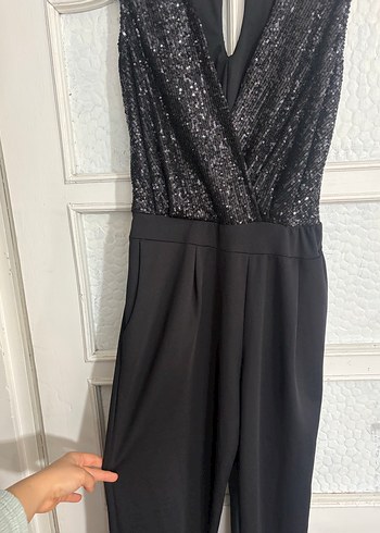 Kadın Siyah Parlak V Yaka Uzun Tulum - Görsel 2
