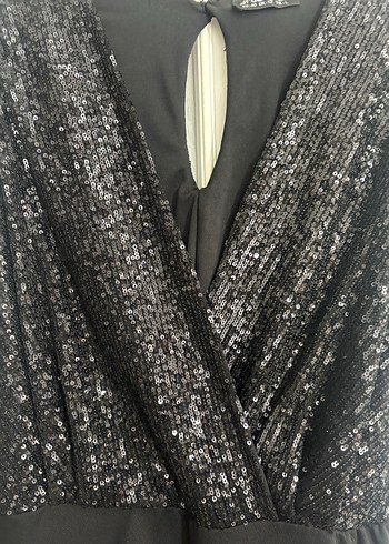 Kadın Siyah Parlak V Yaka Uzun Tulum - Görsel 3