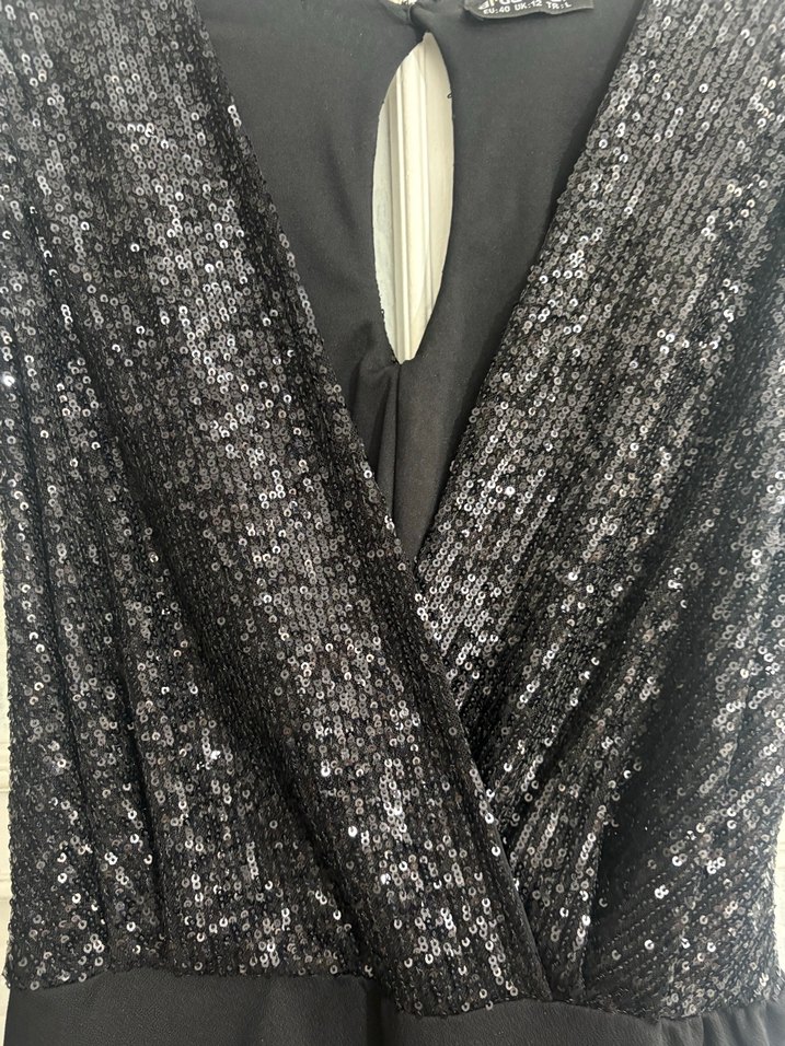 Kadın Siyah Parlak V Yaka Uzun Tulum - Görsel 3