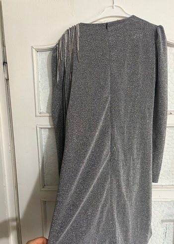 Gri Drapeli Uzun Kollu Uzun Abiye Elbise - Görsel 3