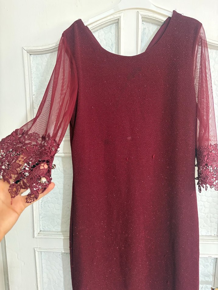 Bordo Dantelli Midi Bohem Elbise - Görsel 2