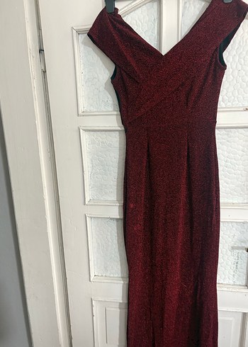 Bordo Drapeli V Yaka Uzun Abiye Elbise - Görsel 2