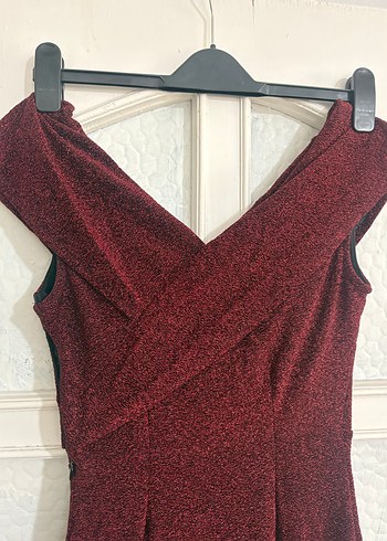 Bordo Drapeli V Yaka Uzun Abiye Elbise - Görsel 5