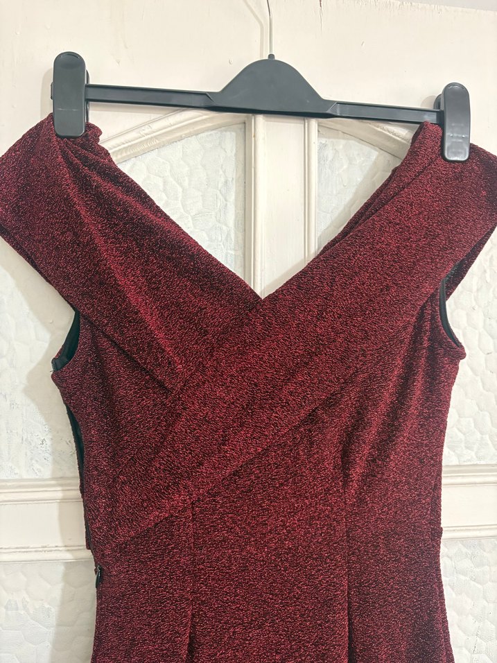 Bordo Drapeli V Yaka Uzun Abiye Elbise - Görsel 5