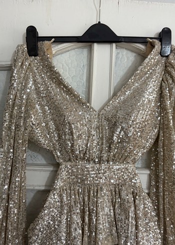 Parlak İşlemeli V Yaka Uzun Abiye Elbise - Görsel 4