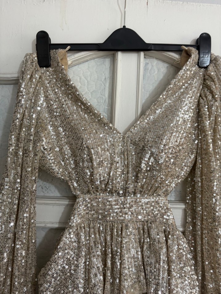 Parlak İşlemeli V Yaka Uzun Abiye Elbise - Görsel 4