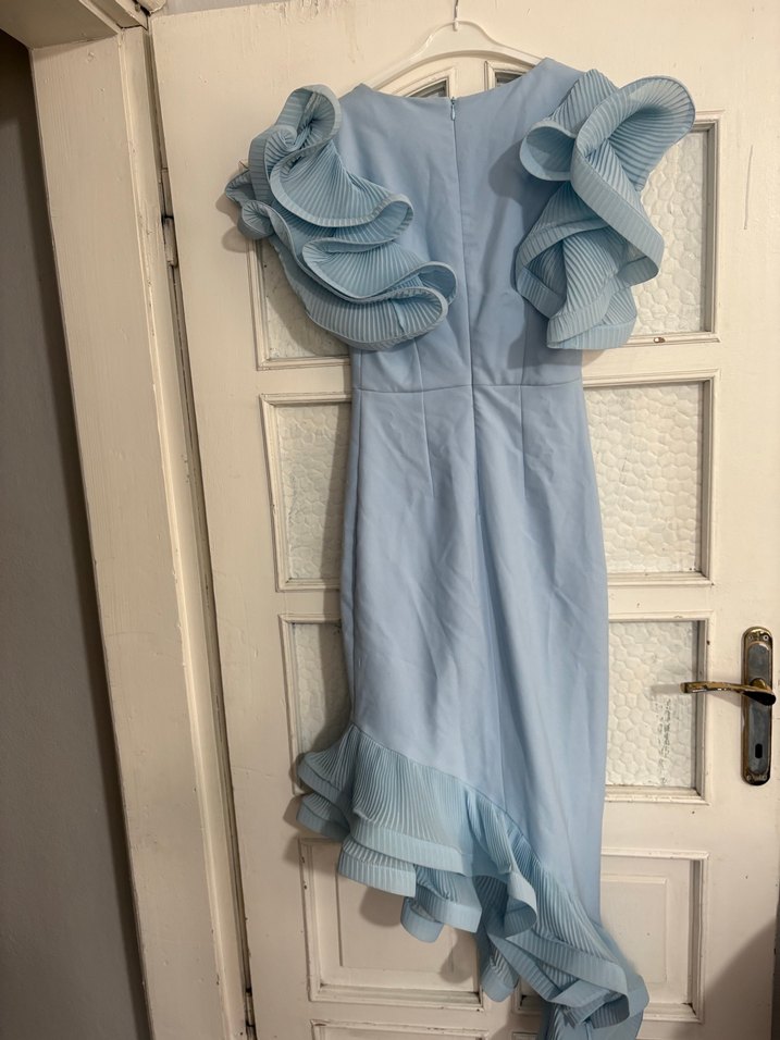 Mavi V Yakalı Uzun Abiye Elbise - Görsel 3