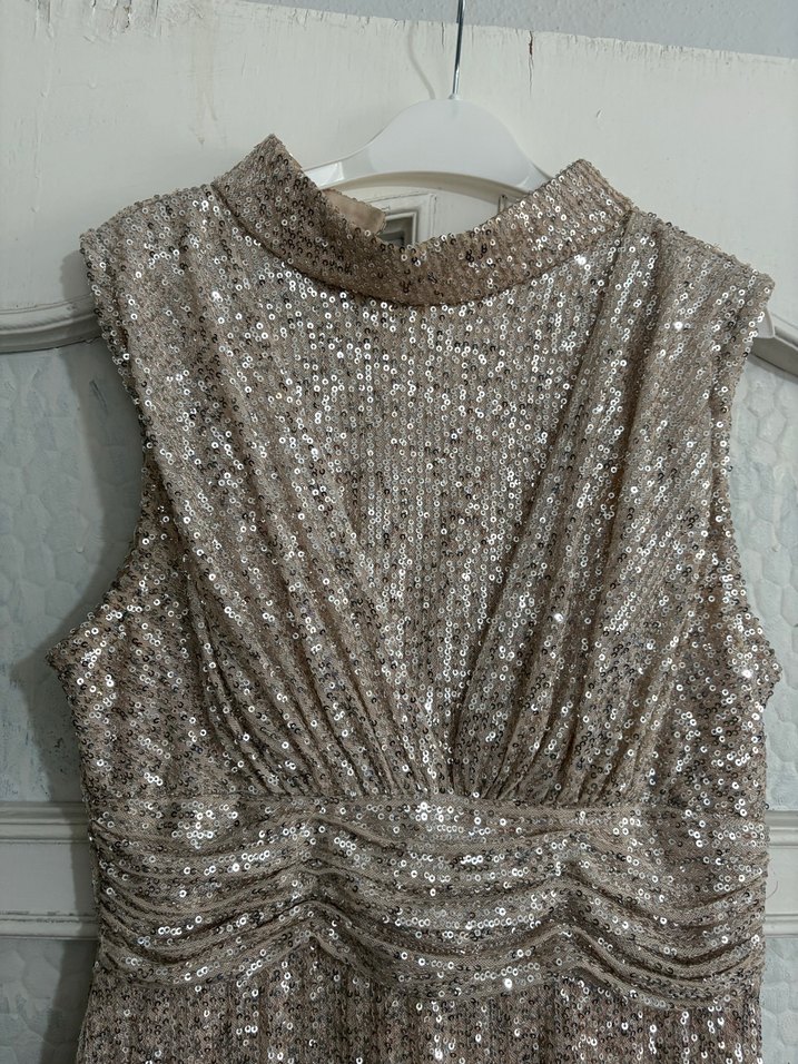 Bej Parlak Yılan Desenli Uzun Abiye Elbise - Görsel 3